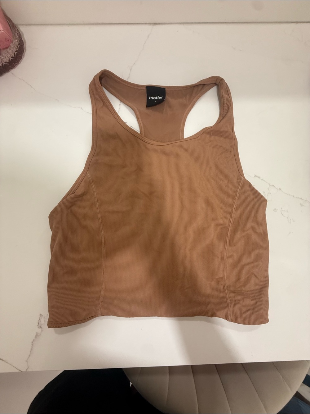 Motier Ribbed Racerback Crop Tank in Camel